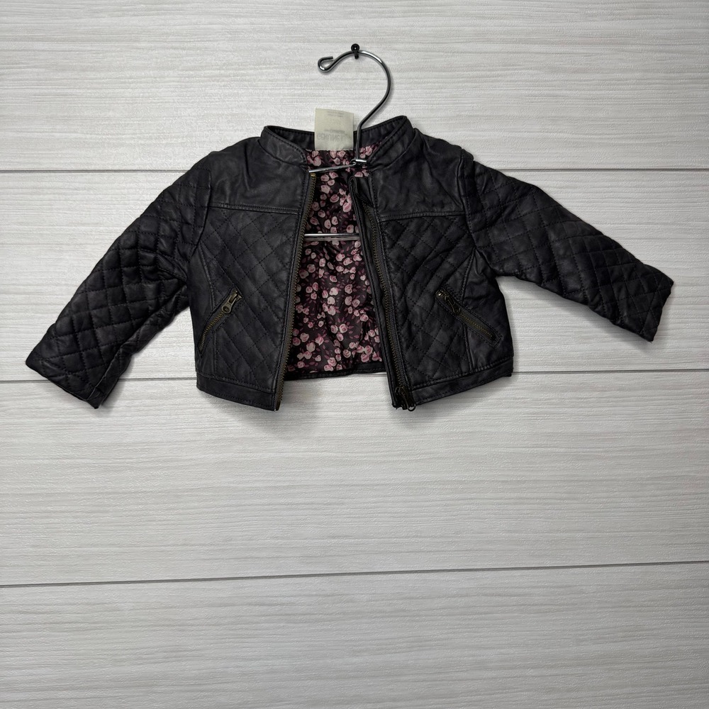 Genuine Kids by OshKosh Quilted‎ Faux Leather Jacket Baby Girl 12 M Floral Lined